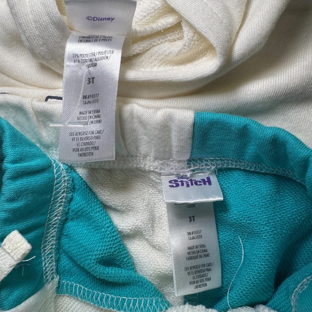 Disney Stitch Kids 2-Piece Set Sleeveless Hoodie and Shorts‎ Cream Teal 3T NEW